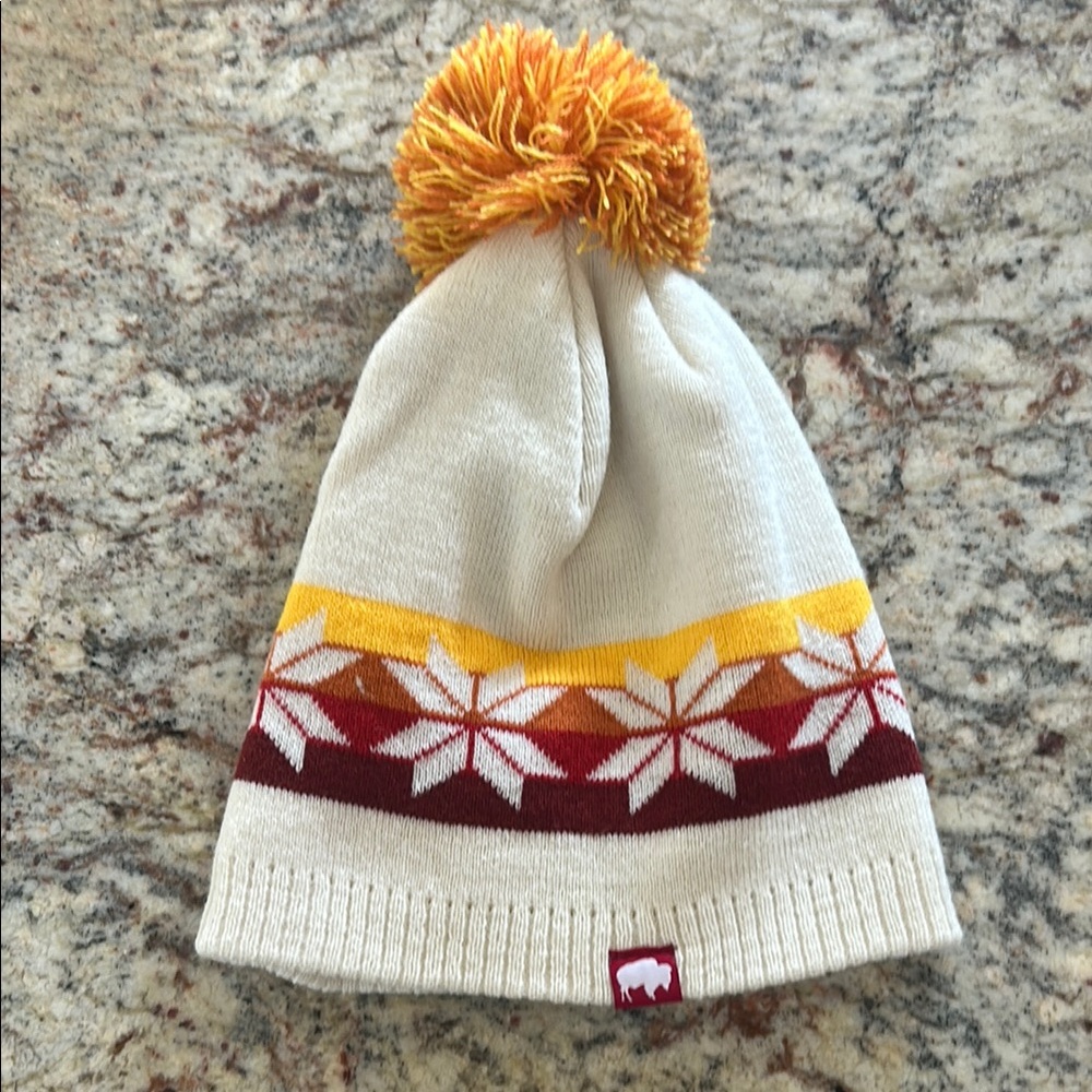 Winter Beanie with Pom Pom - Cream, Yellow, and Red
